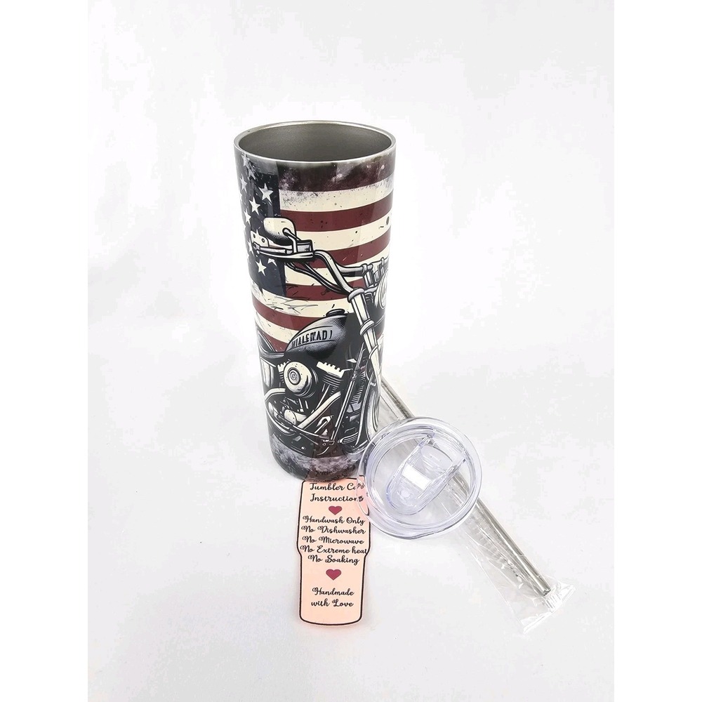 American Flag Motorcycle Riding 20Oz Tumbler Travel Insulated‎ Patriotic Support